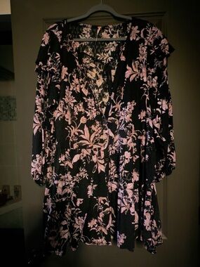 Free People Black Floral Long Sleeve Dress with Pink Print